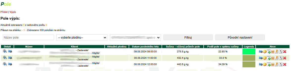 RK Web - screenshot modulu pole přehled vývoje